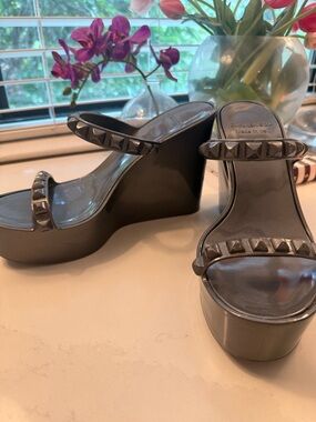 Womens Metallic Gunmetal Wedge Sandals with Studded Straps